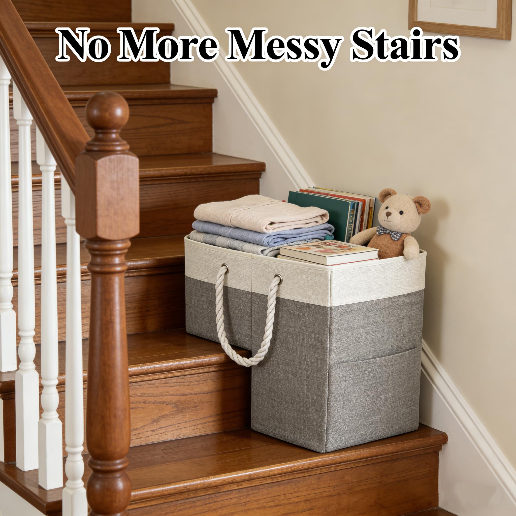 talisleskye stair basket on stairs helps keep items organized