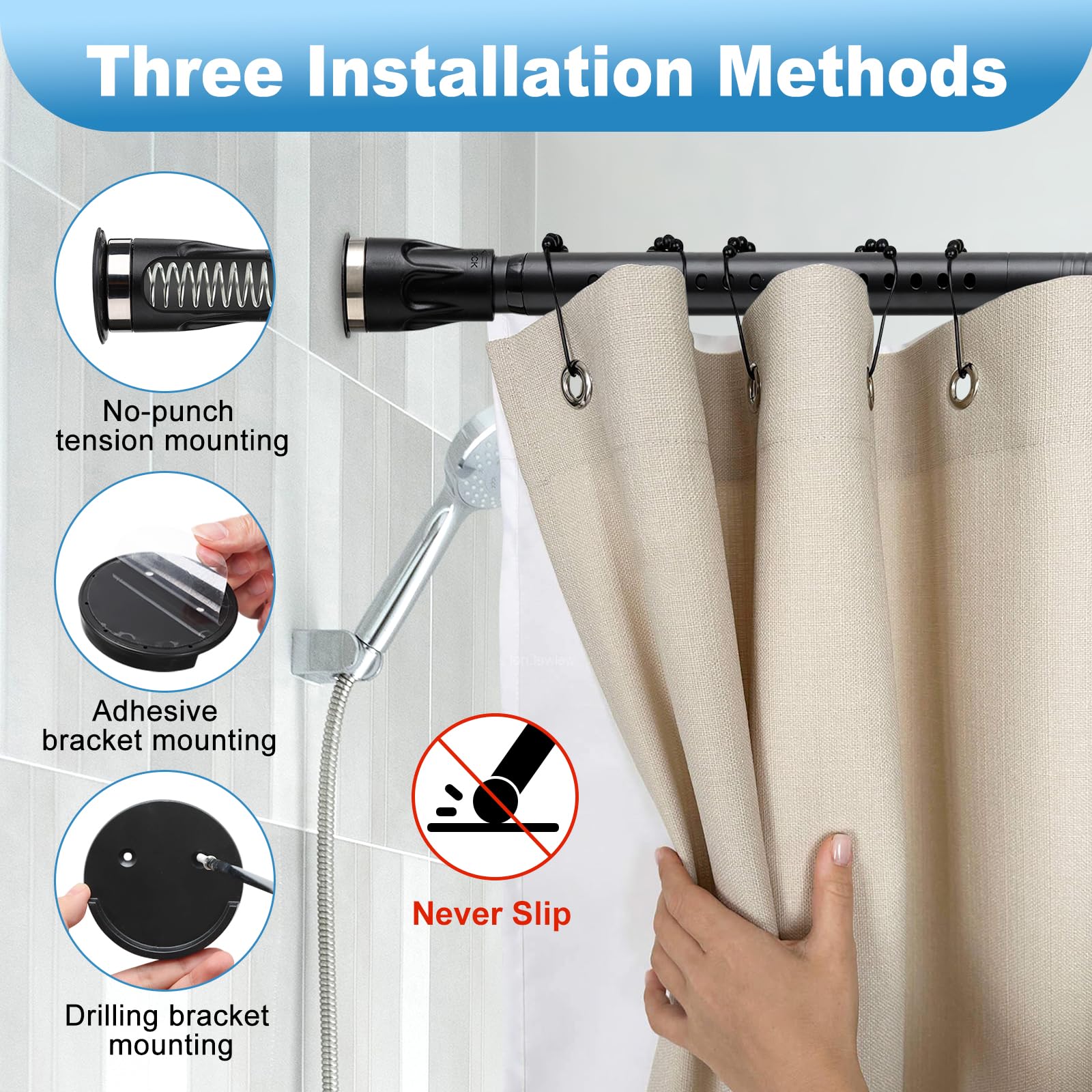 TALITARE black finish on tension rod for a sleek, modern look.