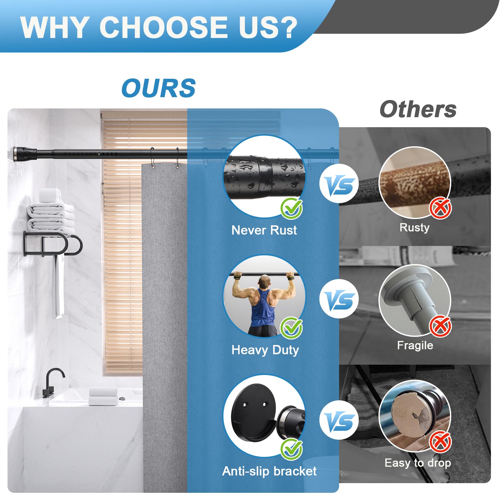 TALITARE rust-proof stainless steel construction withstands bathroom humidity.