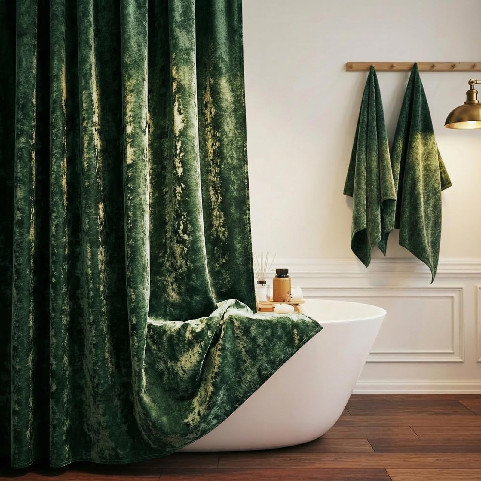 TAMGHO crushed velvet shower curtain in dark green adds luxurious texture and bathroom sophistication.