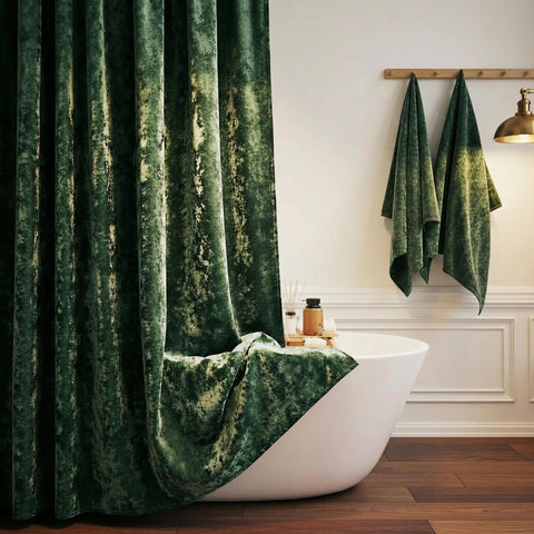 TAMGHO crushed velvet shower curtain in dark green adds luxurious texture and bathroom sophistication.