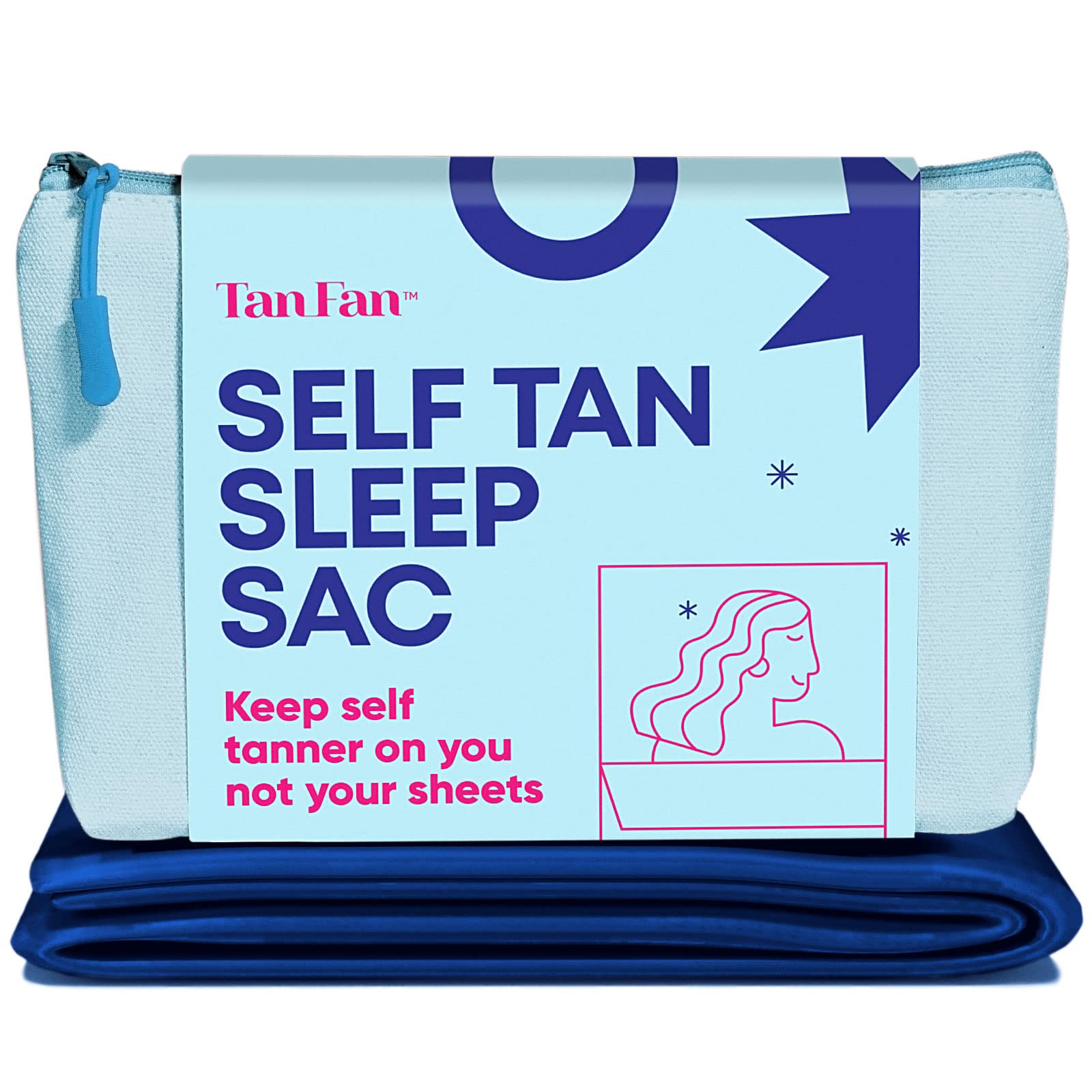 Tan Fan Self Tan Sleep Sac navy fabric close-up showing stain-proof weave for mess-free mornings.