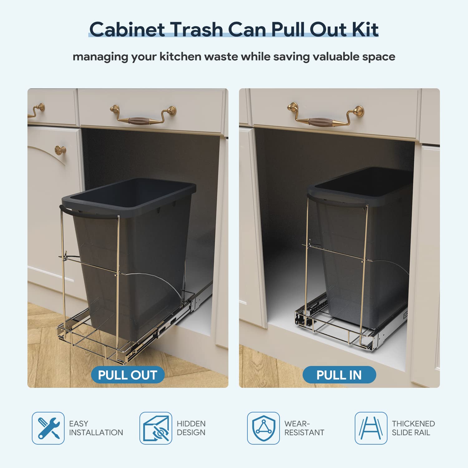 Tanamu hidden-design trash can rail maximizing cabinet space.