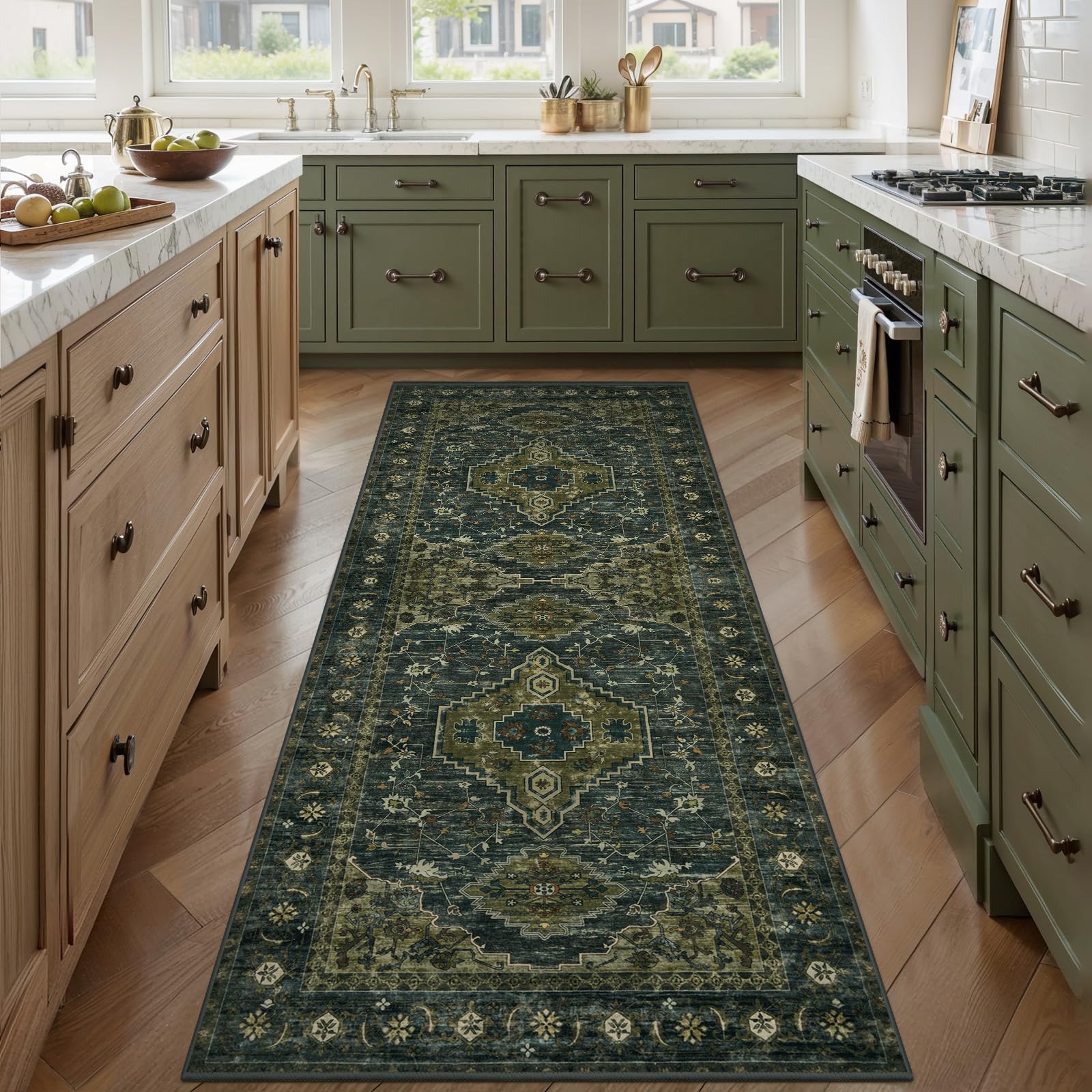 Tangsoo green washable runner rug entryway with secure non-slip footing.