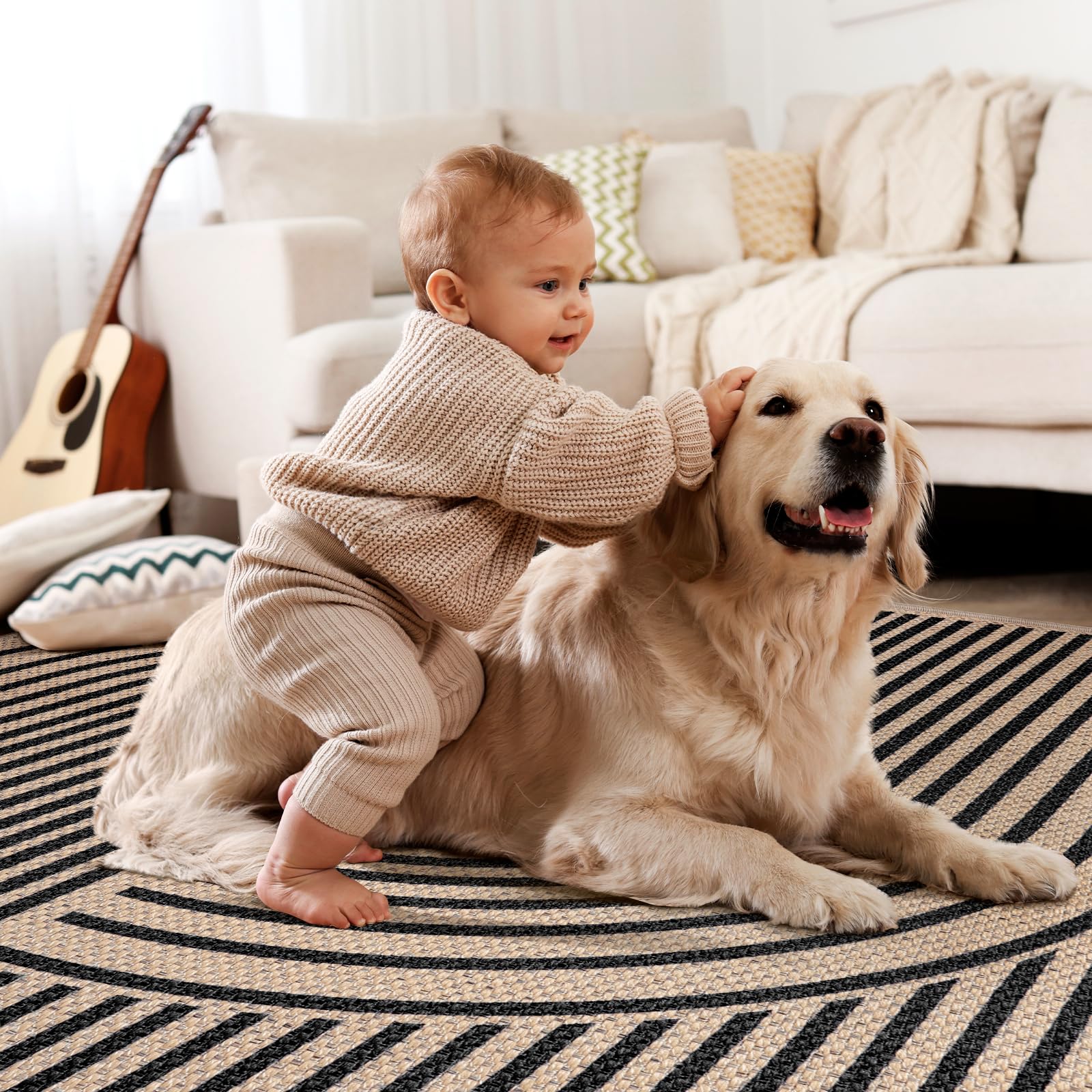 Tangsoo Rainbow Easy Jute Rug complements entryways, living rooms, and hallways.