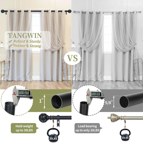 TANGWIN heavy-duty 1-inch rod supports drapes without sag.