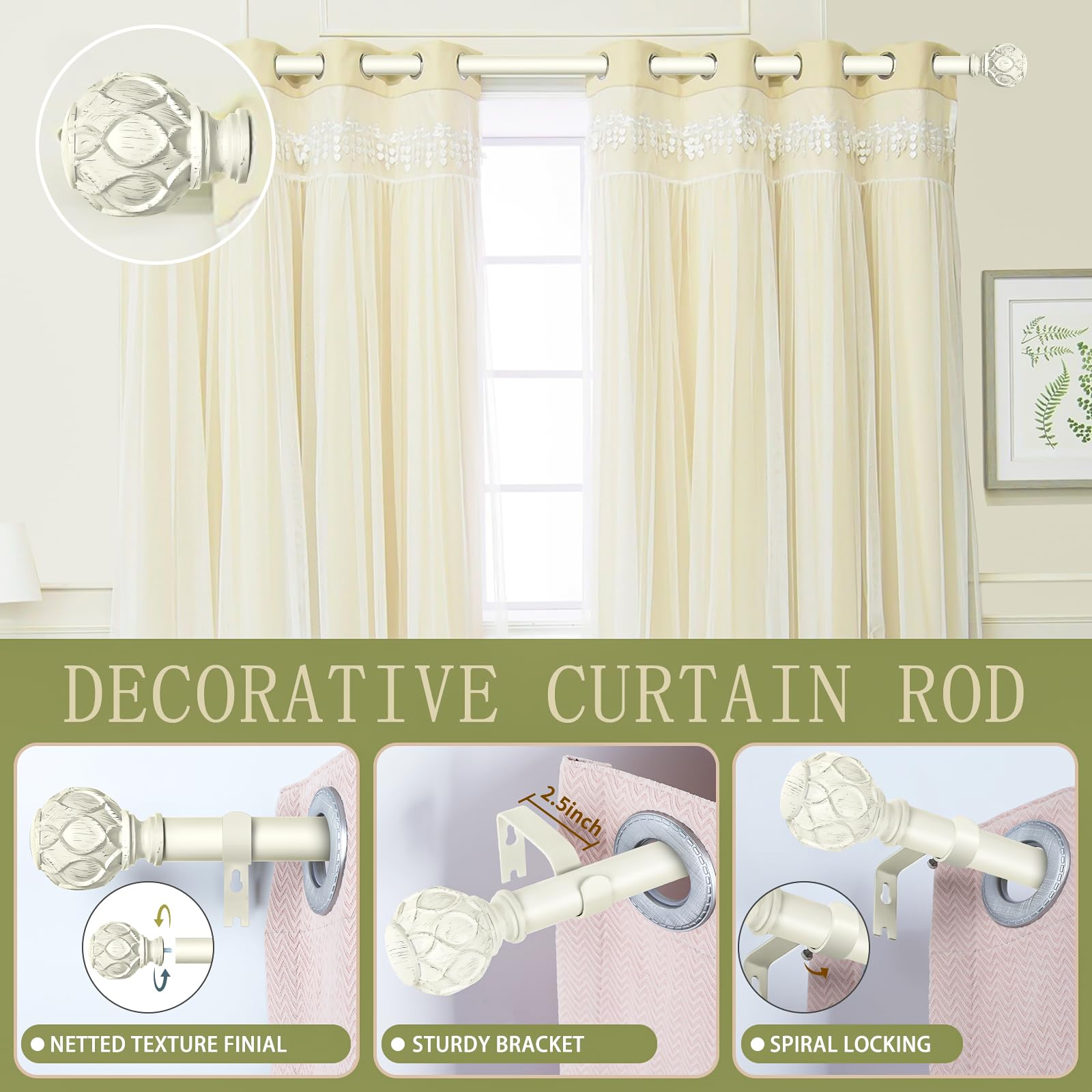 TANGWIN netted texture finials on the curtain rod add vintage coastal charm.