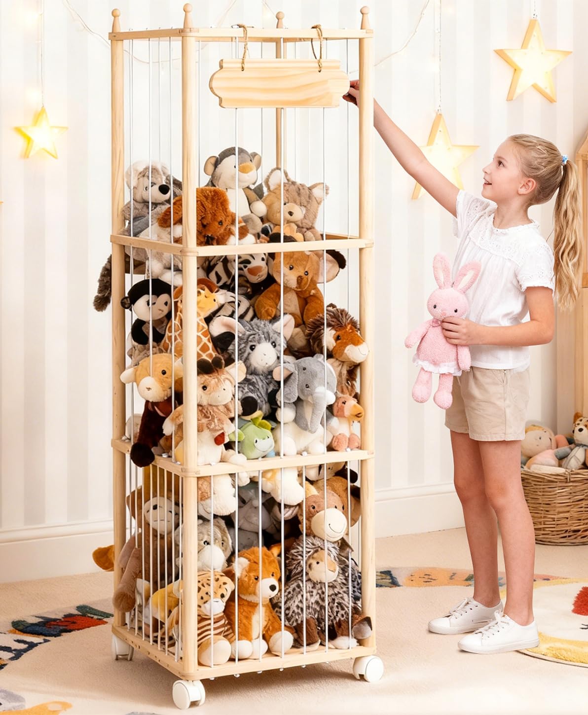 TANONE stuffed animal storage tower in wood with high capacity for kids' plush toys
