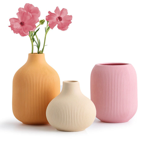 TanQoVone ceramic vase set in pink multicolor, ideal for stylish shelf decor.