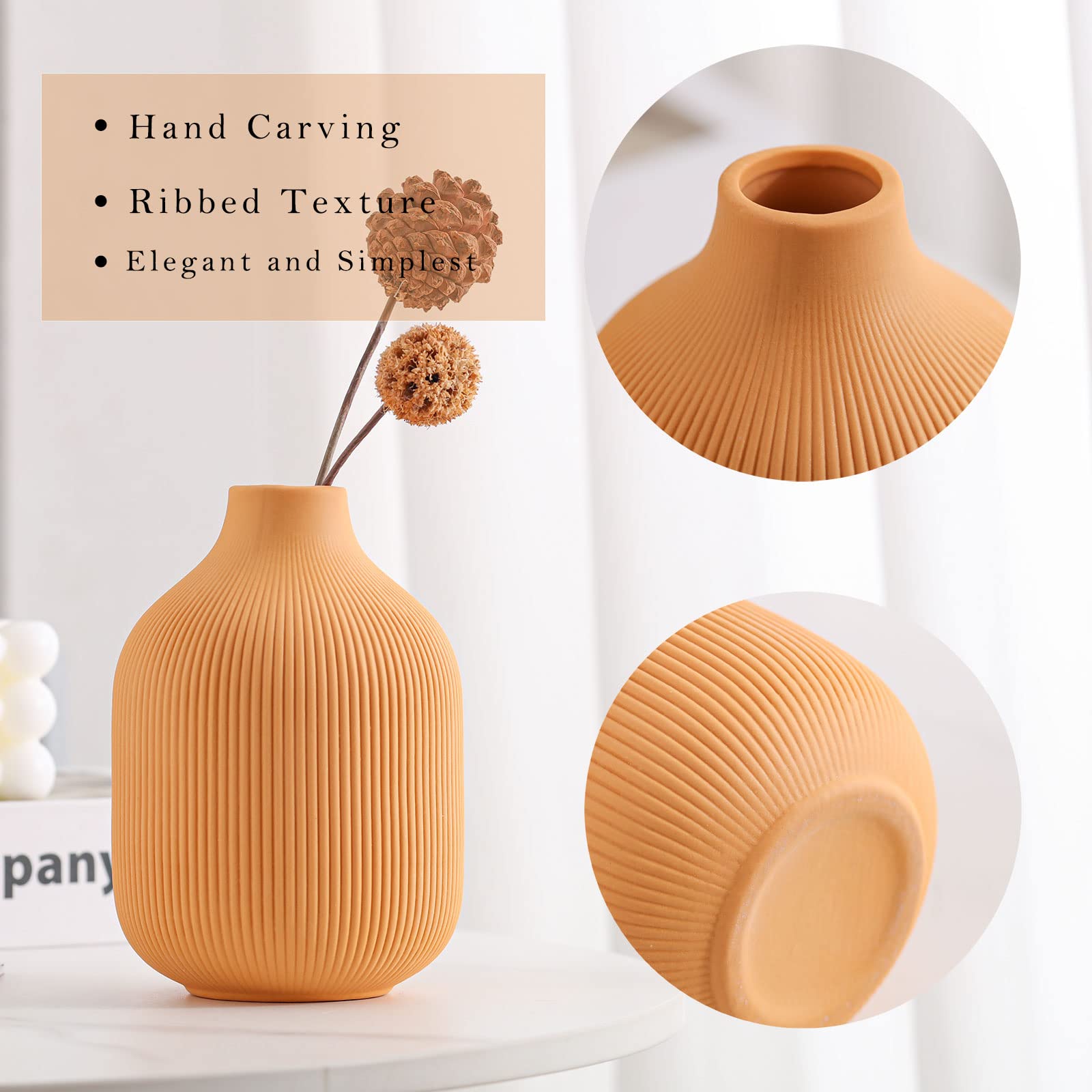 TanQoVone pink ribbed ceramic vase, a contemporary focal point on shelves.