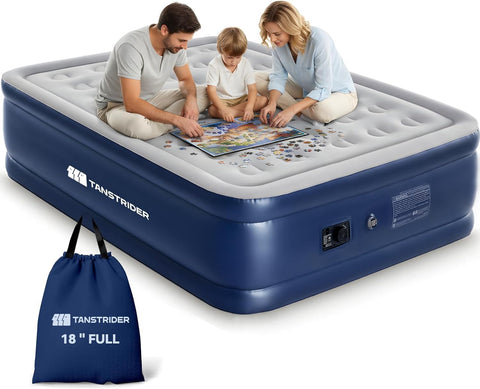 Tanstrider full air mattress with built-in pump enables quick setup for guests
