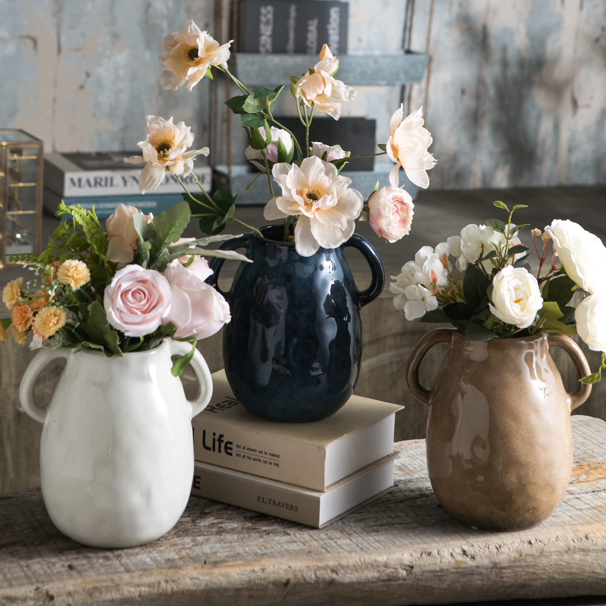 Tanvecle vase in hallway entryway with dried botanicals for warm welcome.