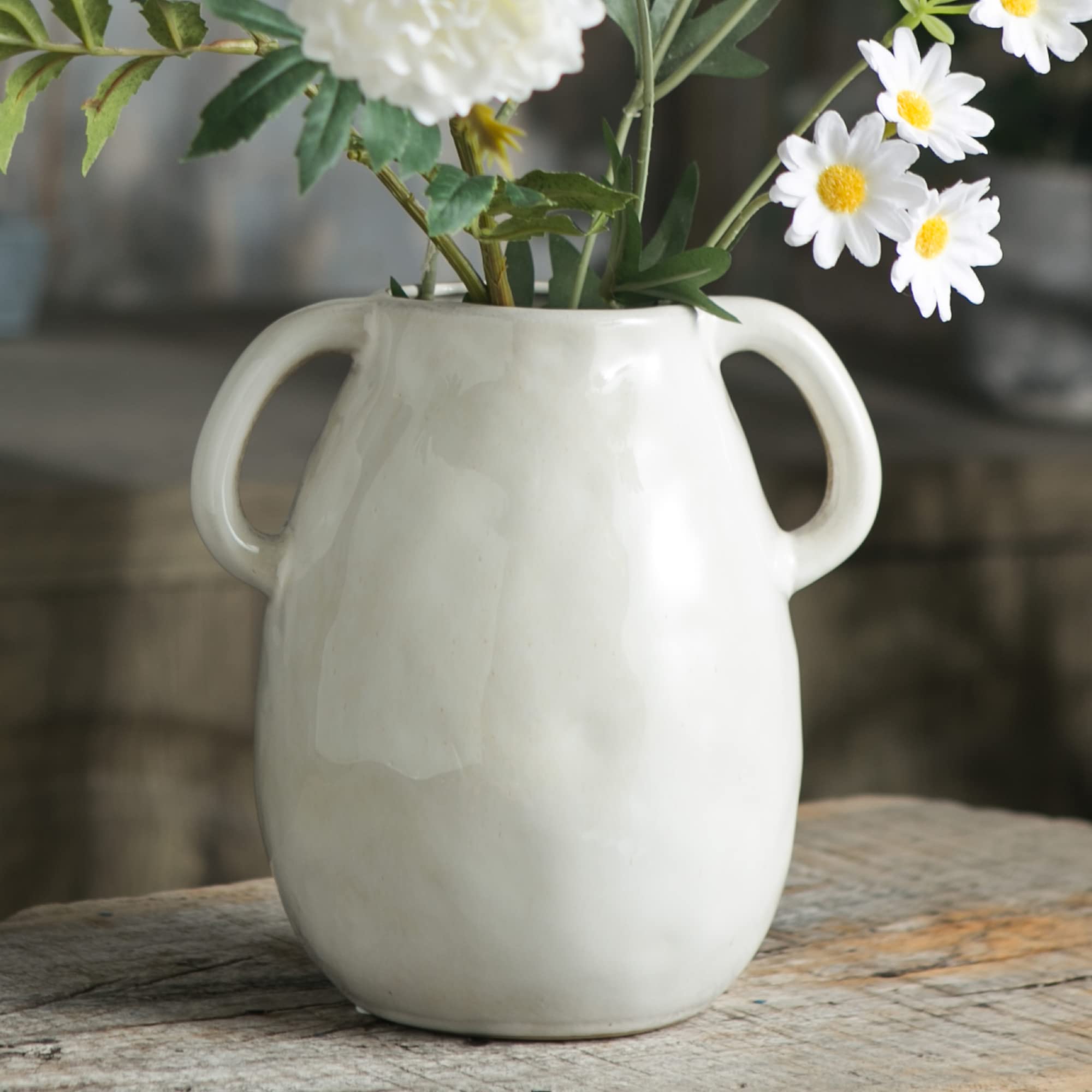 Tanvecle white ceramic vase with two handles, close-up glaze for modern farmhouse appeal.
