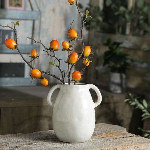 Tanvecle white vase two-handles on dining table centerpiece with fresh florals.