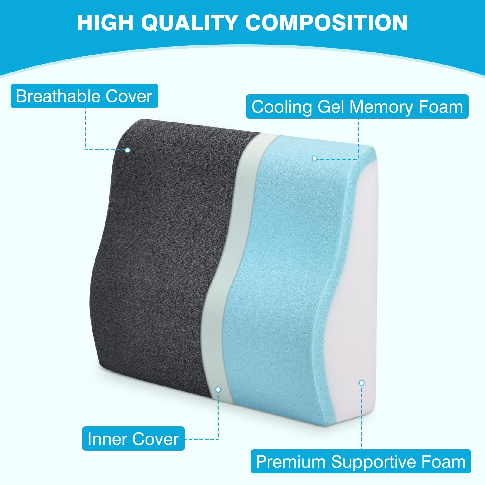 TANYOO gel memory foam top layer provides cooling support during long sits