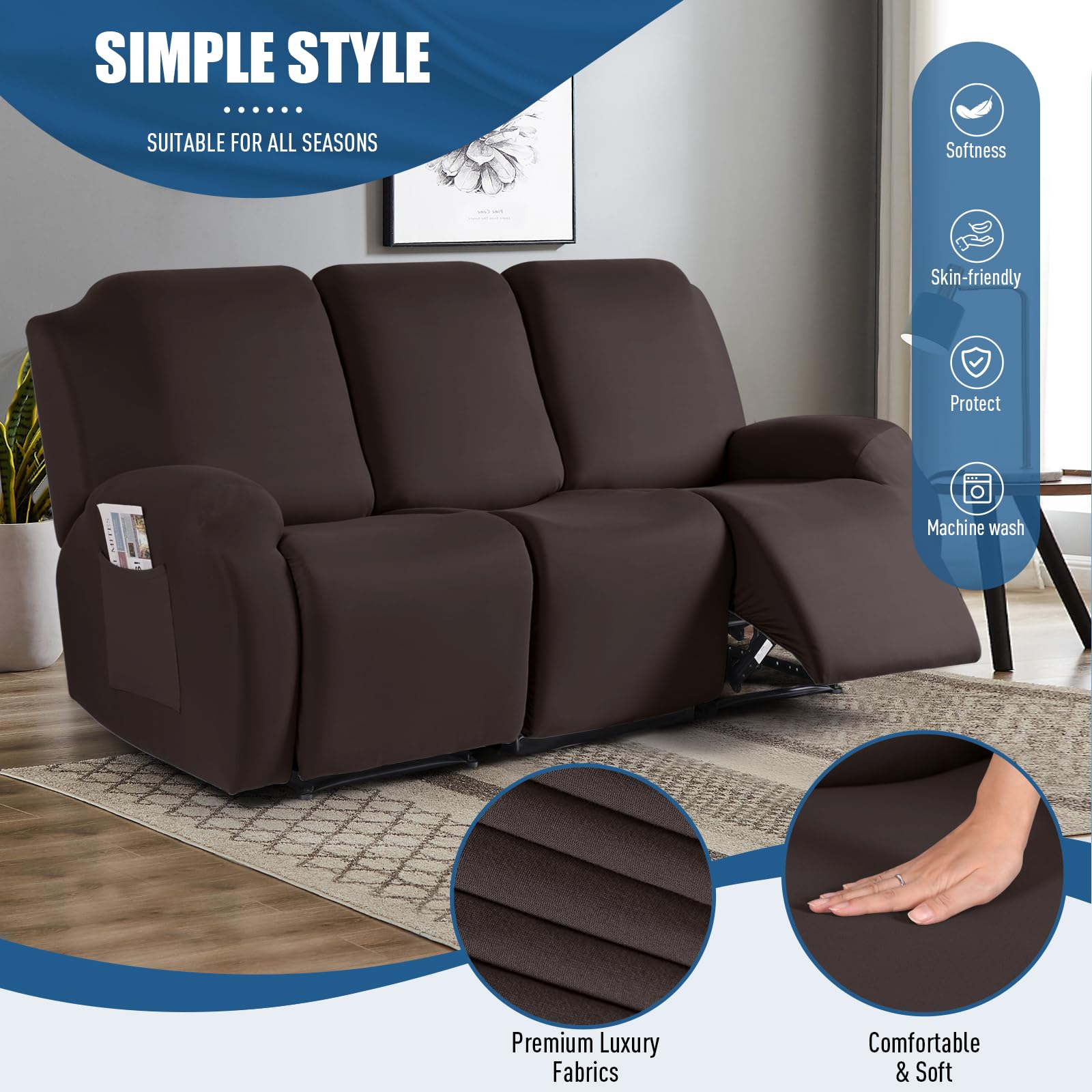 TAOCOCO 3-seater recliner fit demonstrates snug coverage for 69–91 inch couches.