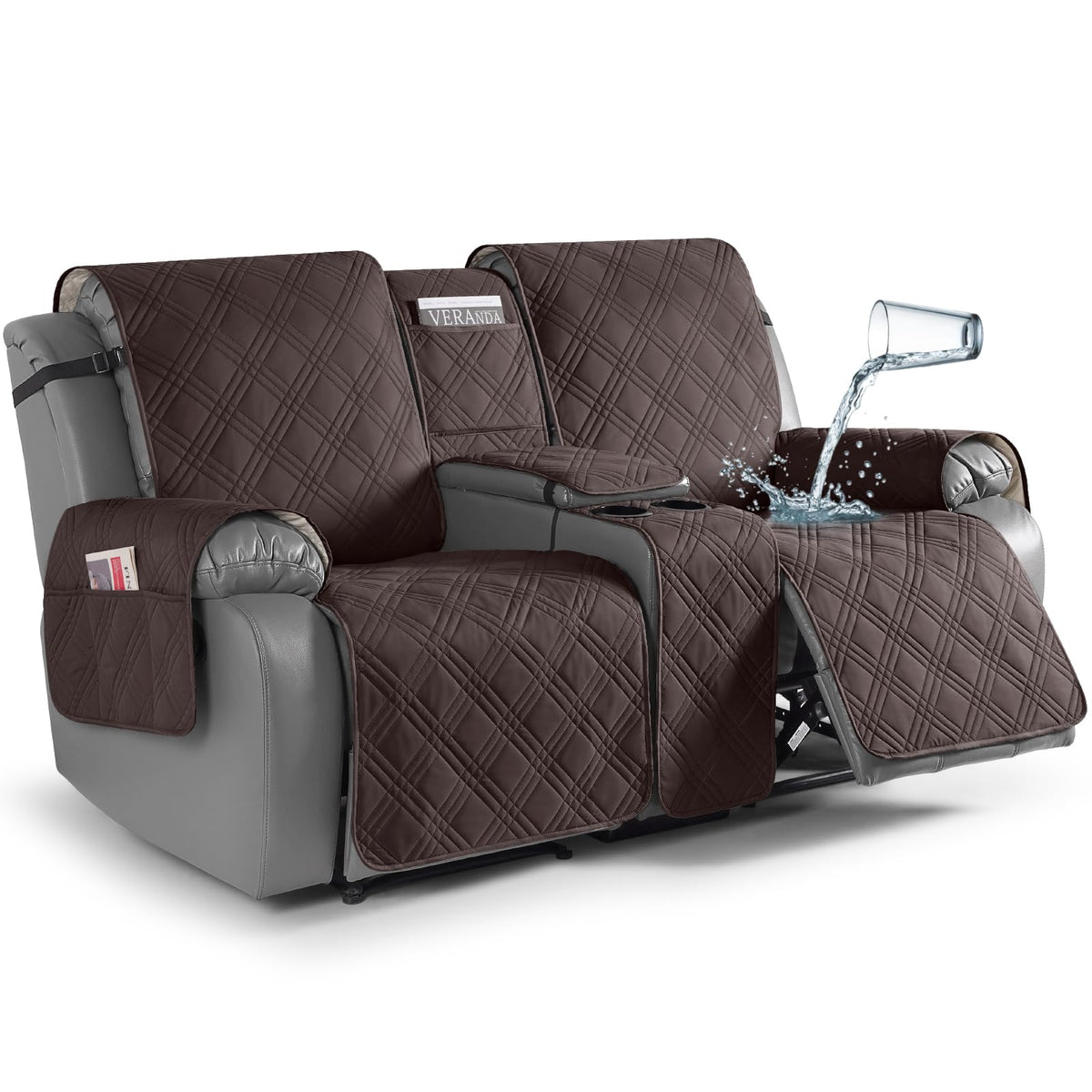 TAOCOCO Loveseat Cover with Center Console showing waterproof fabric protection against spills