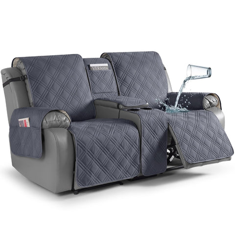 TAOCOCO loveseat recliner cover with console close-up shows secure fit and waterproof layer.