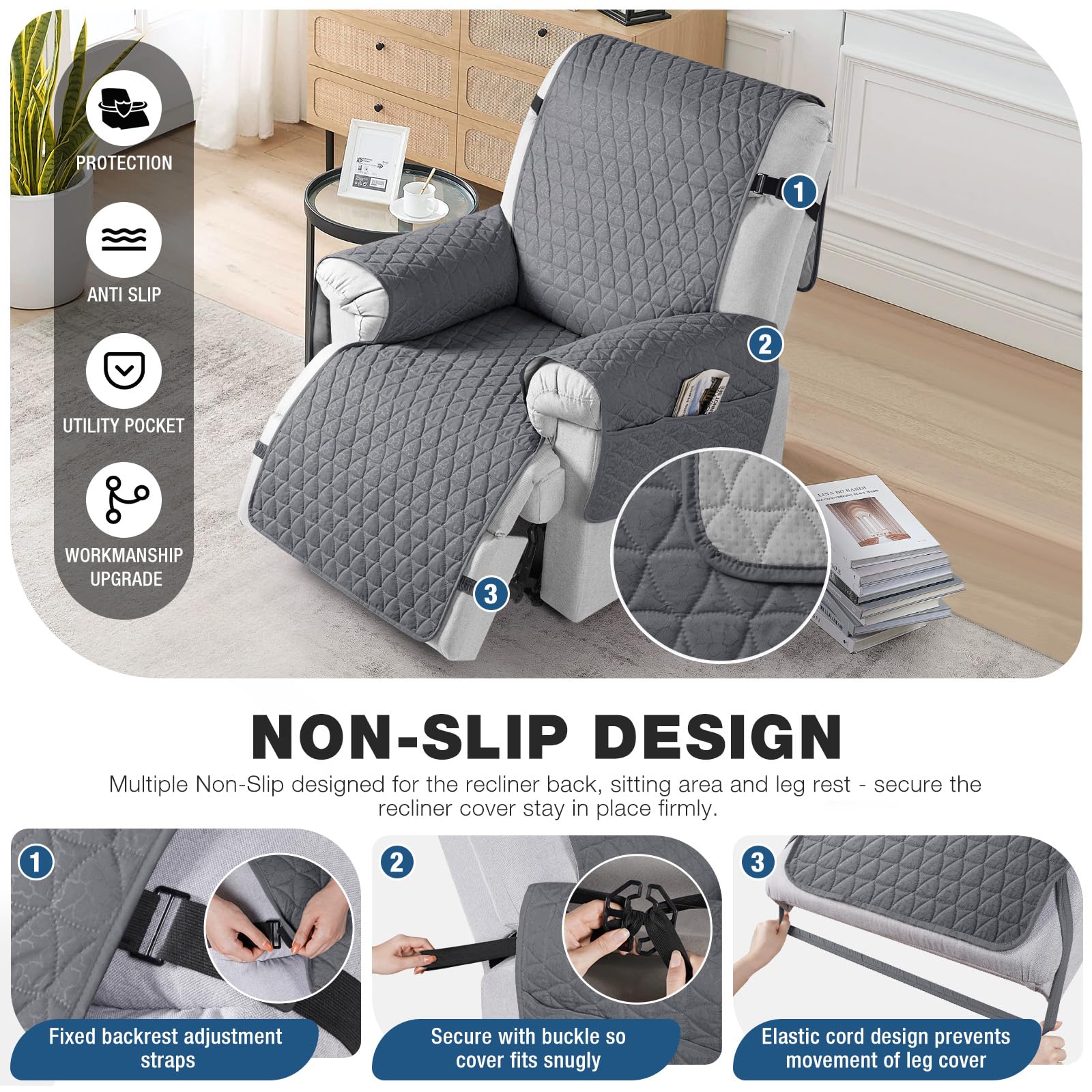 TAOCOCO anti-slip straps keep the recliner cover in place on large chairs.
