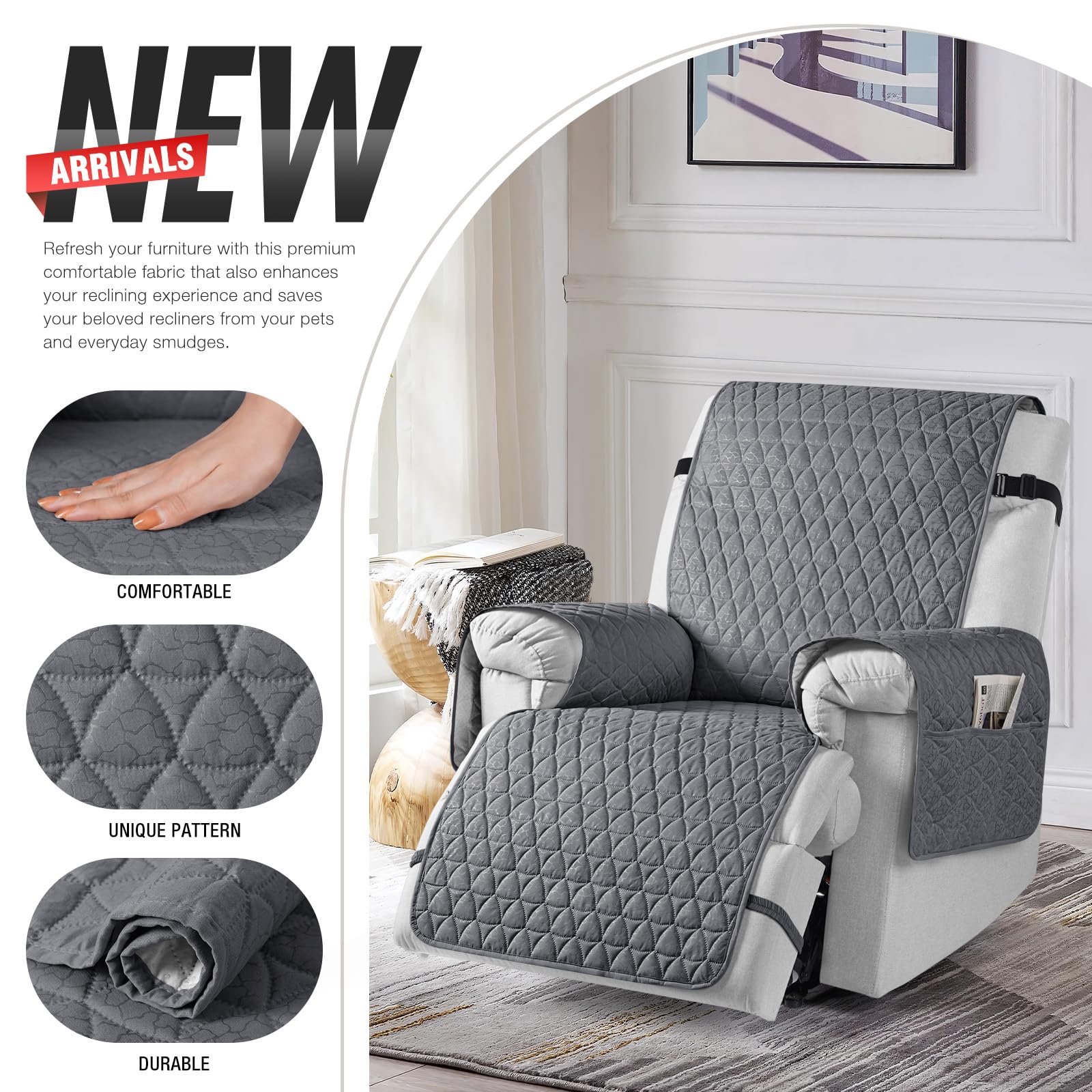 Elastic band system secures headrest, lumbar, and footrest for a snug fit.