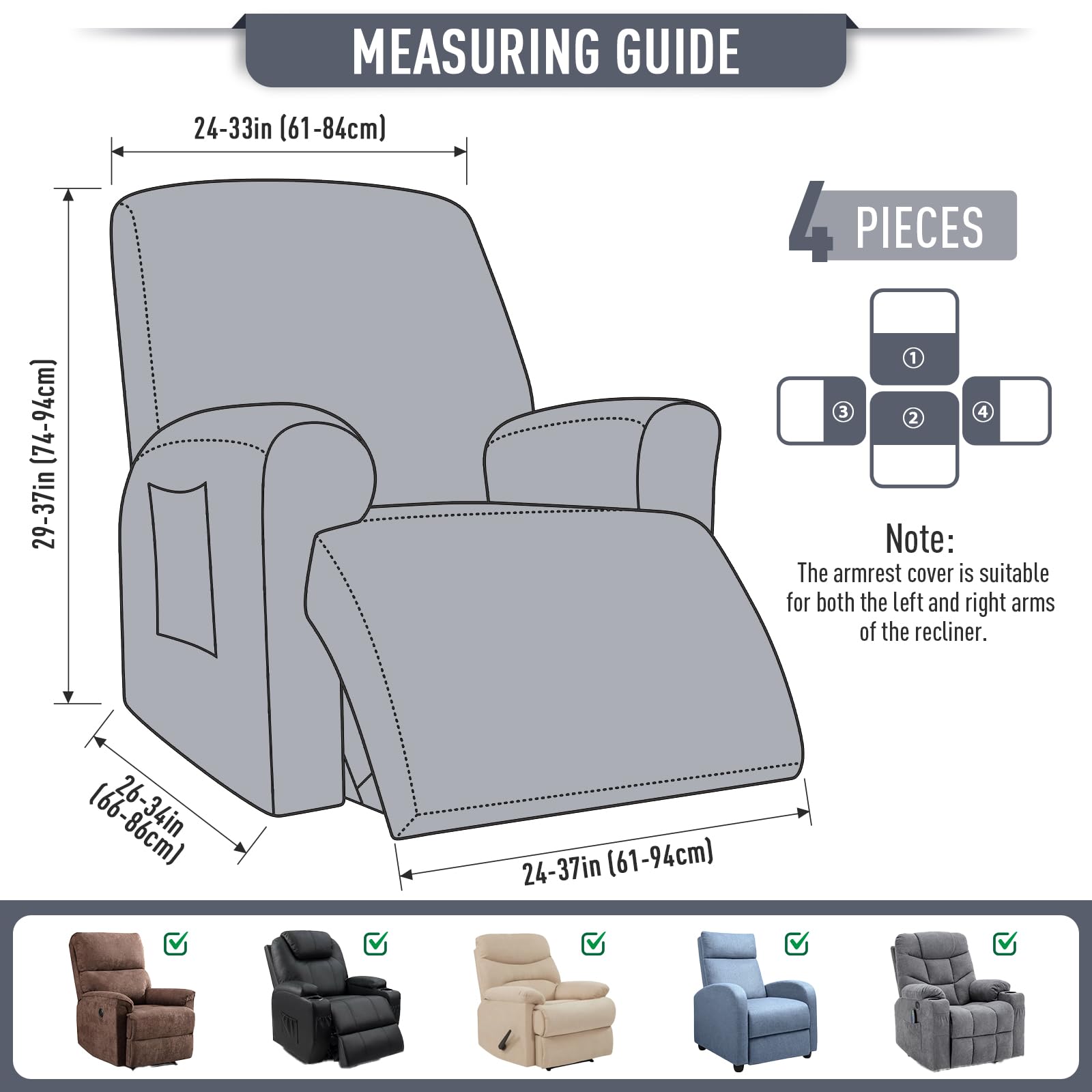 TAOCOCO recliner cover side pocket stores remotes and small items