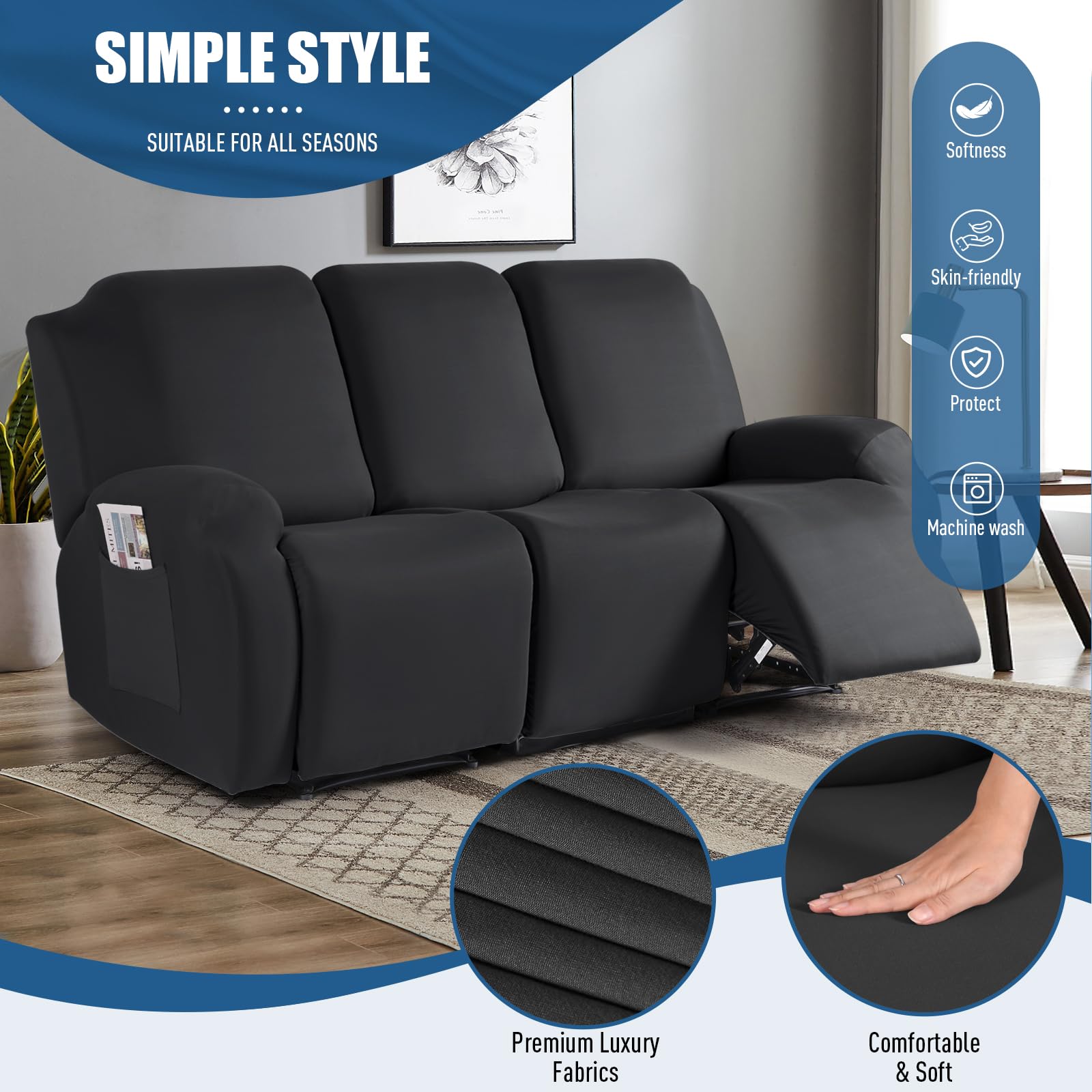 TAOCOCO recliner slipcover side view highlights fabric stretch over armrests for full coverage