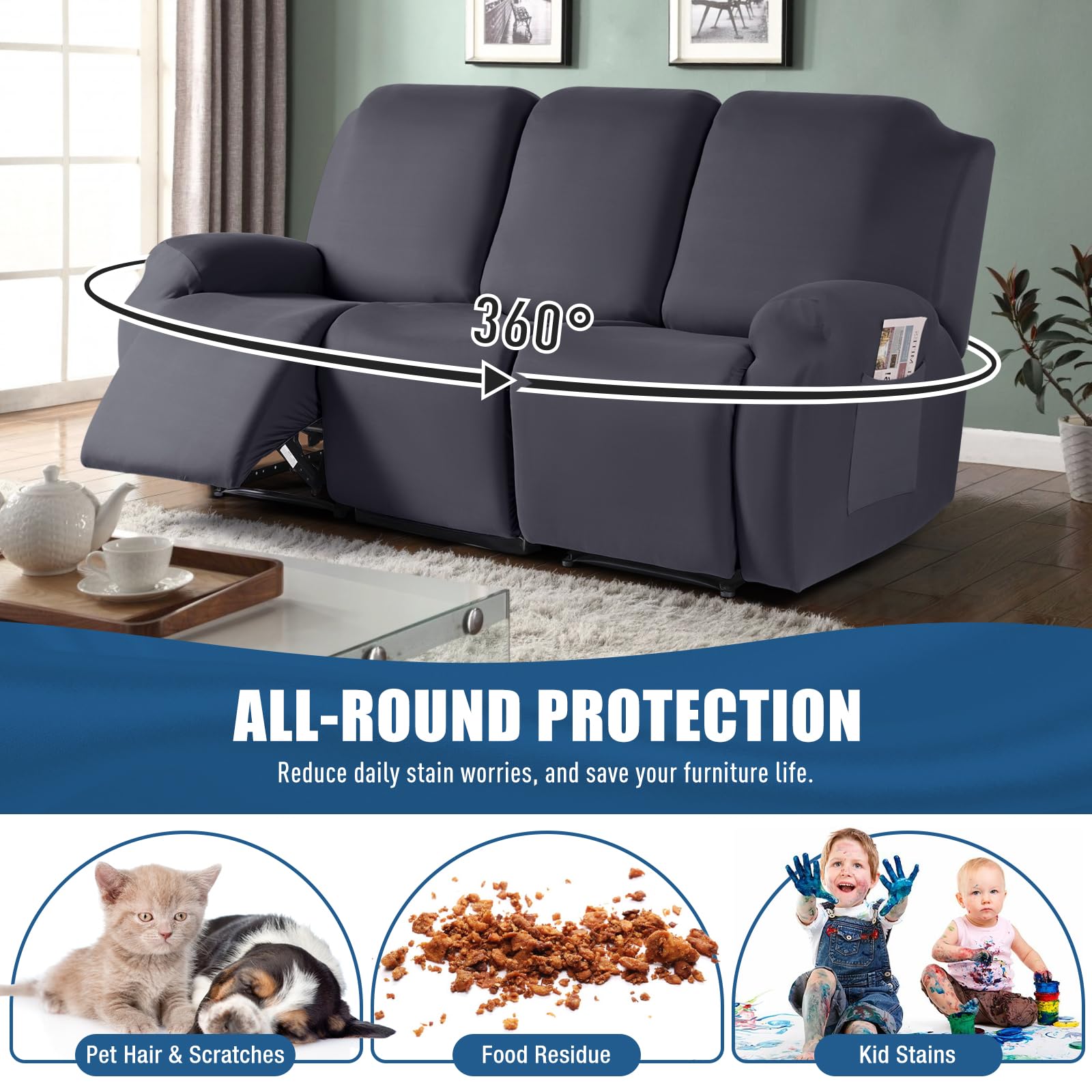 TAOCOCO three-piece slipcover assembly laid out for 3-seat recliner fit