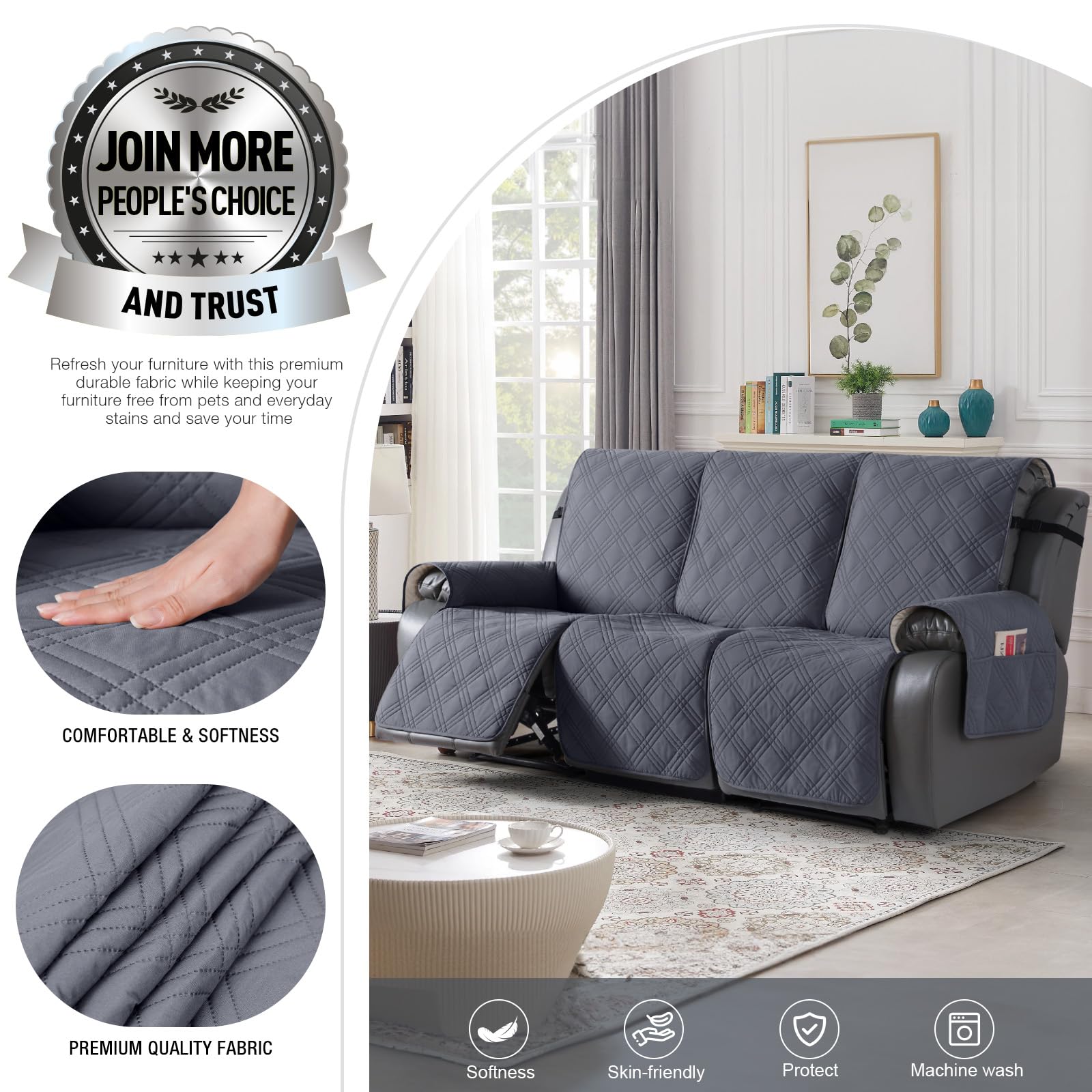 TAOCOCO three-piece slipcover showing easy assembly for recliners