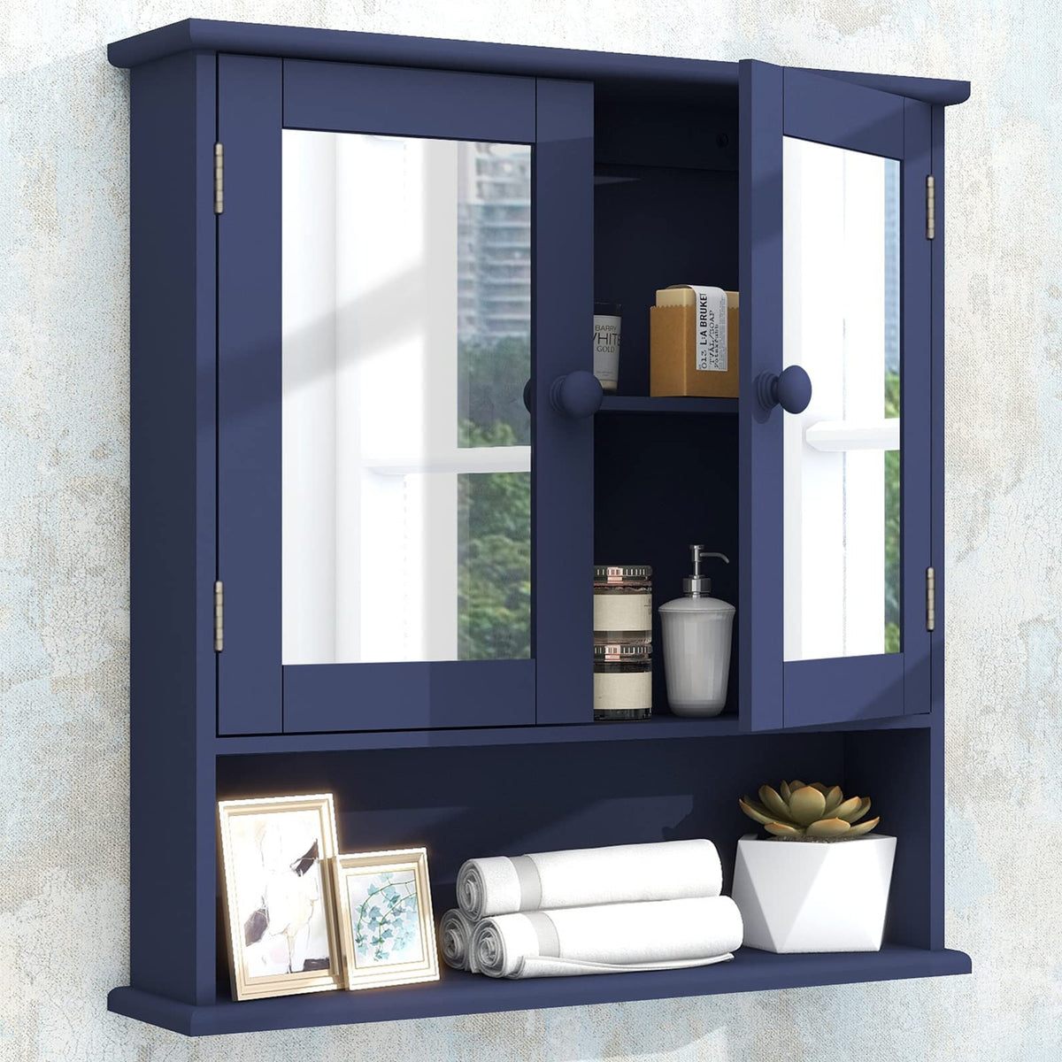 TaoHFE blue medicine cabinet with mirror front keeps daily essentials neatly hidden.