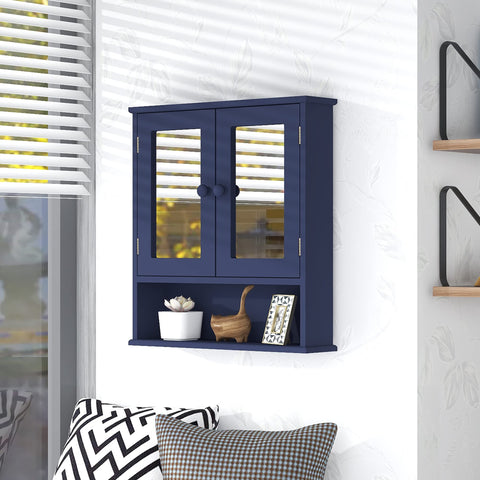 TaoHFE blue medicine cabinet with two doors open shows interior storage for height variety.