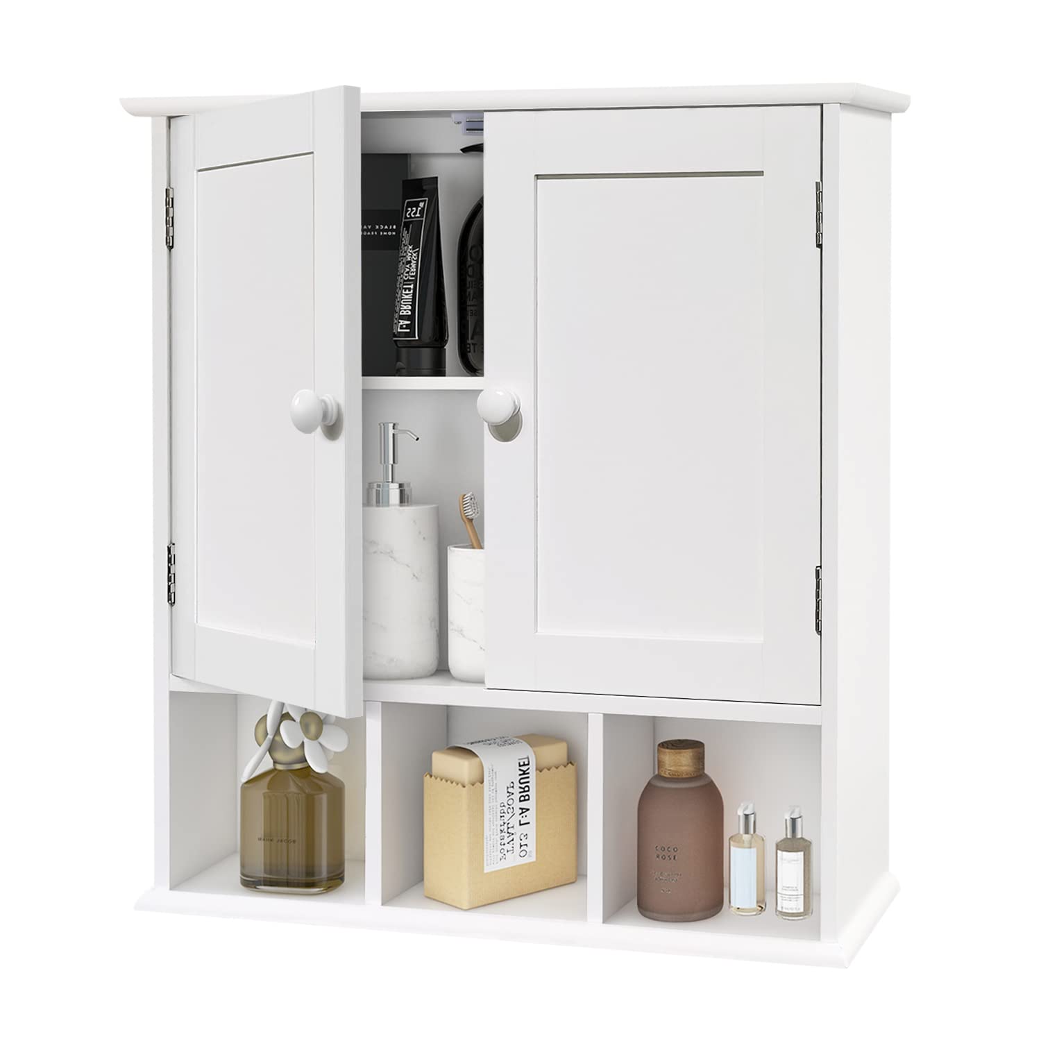 TaoHFE white over-toilet cabinet front view showing sleek storage and wall mounting