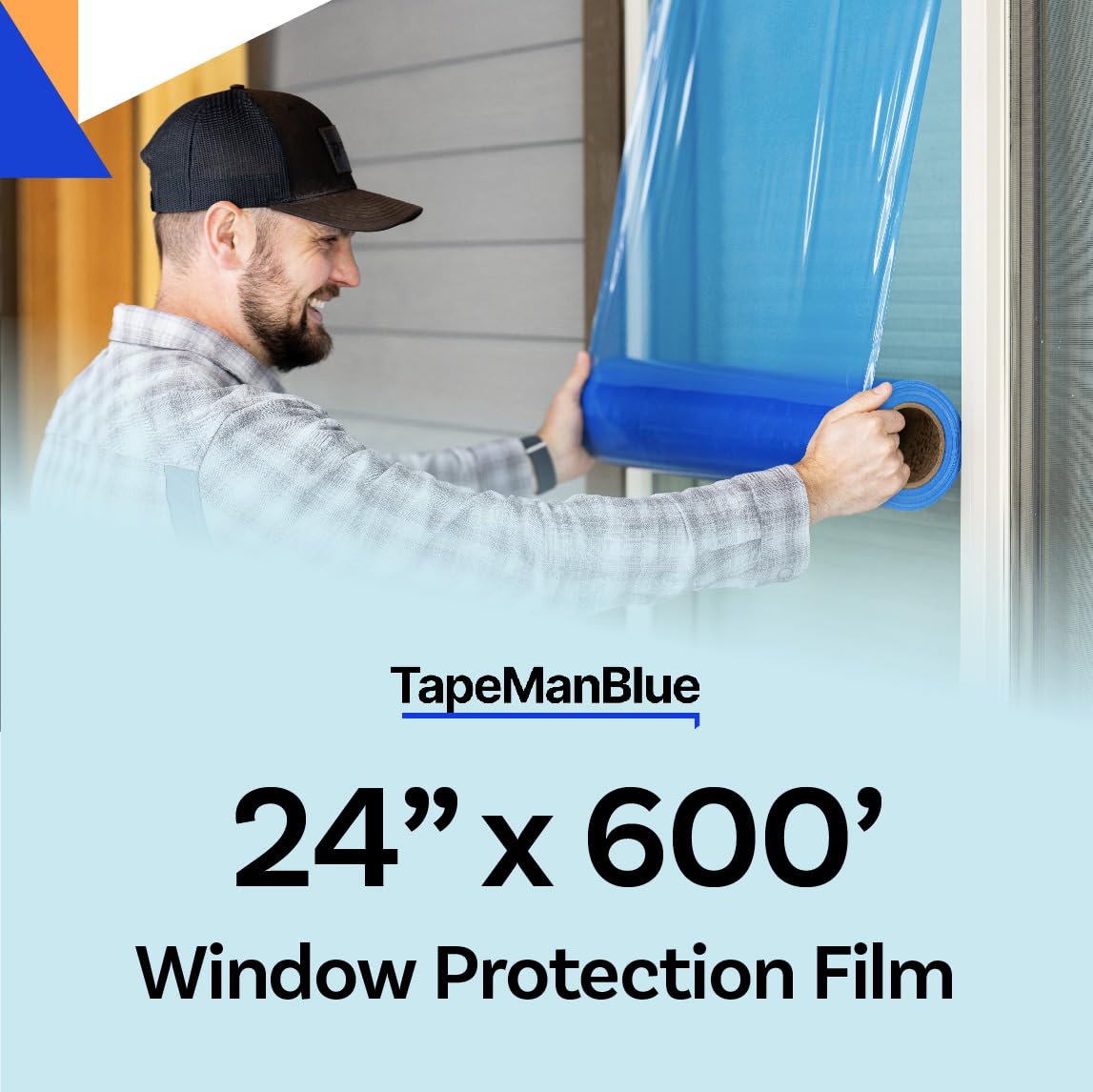 TapeManBlue protection film being applied on a window for temporary shielding.