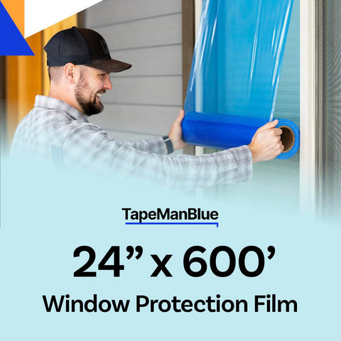 TapeManBlue protection film being applied on a window for temporary shielding.