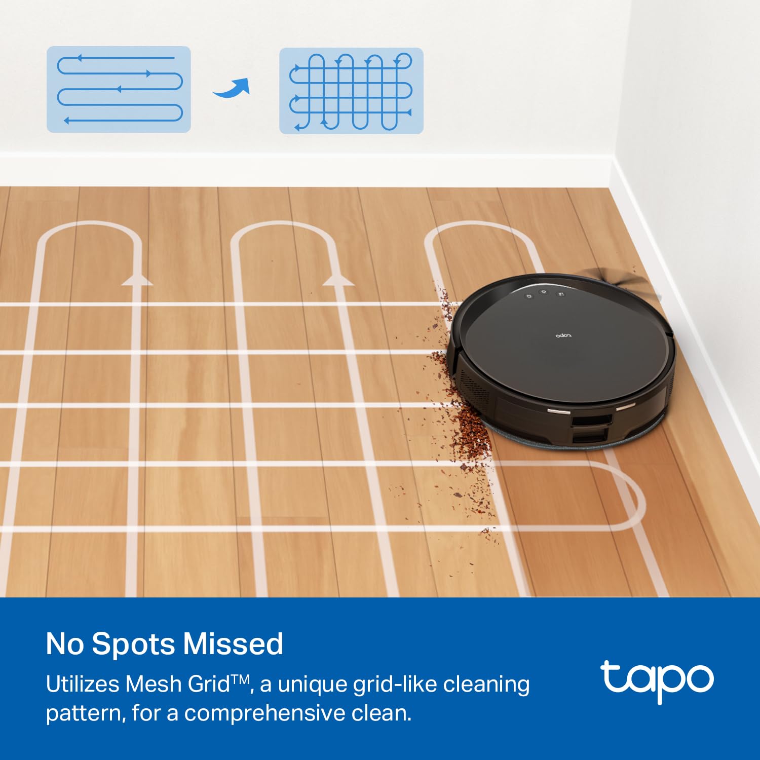 Tapo RV20 Max Plus mopping with adjustable water flow levels across floors
