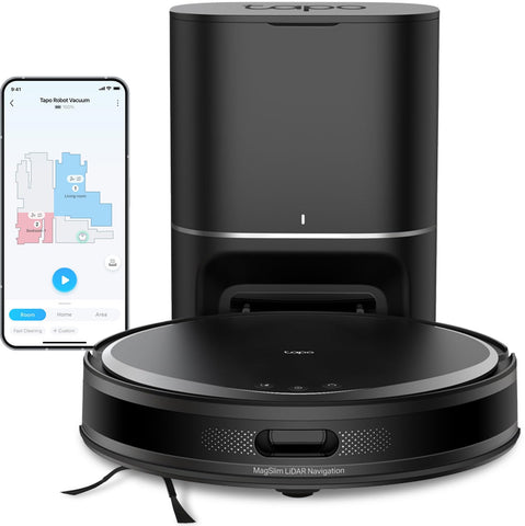 Tapo RV20 Max Plus robot vacuum under furniture front view, compact design for hidden-dirt access