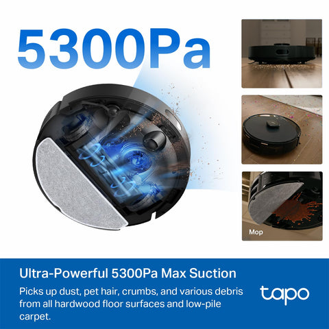 5300Pa suction on the Tapo RV30 Max Plus for deep cleaning on surfaces.