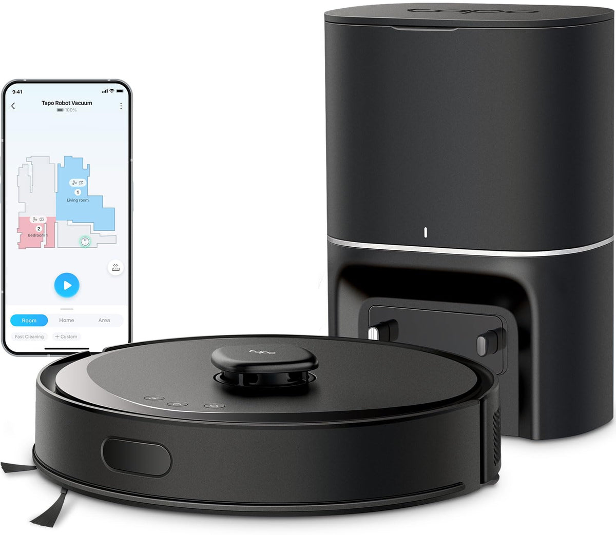 Tapo RV30 Max Plus front view with LiDAR navigation for precise room mapping.