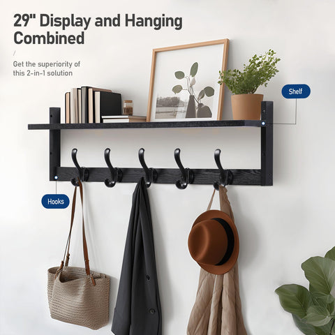 Tatub wood wall hooks with shelf provide sturdy daily storage for bags and accessories