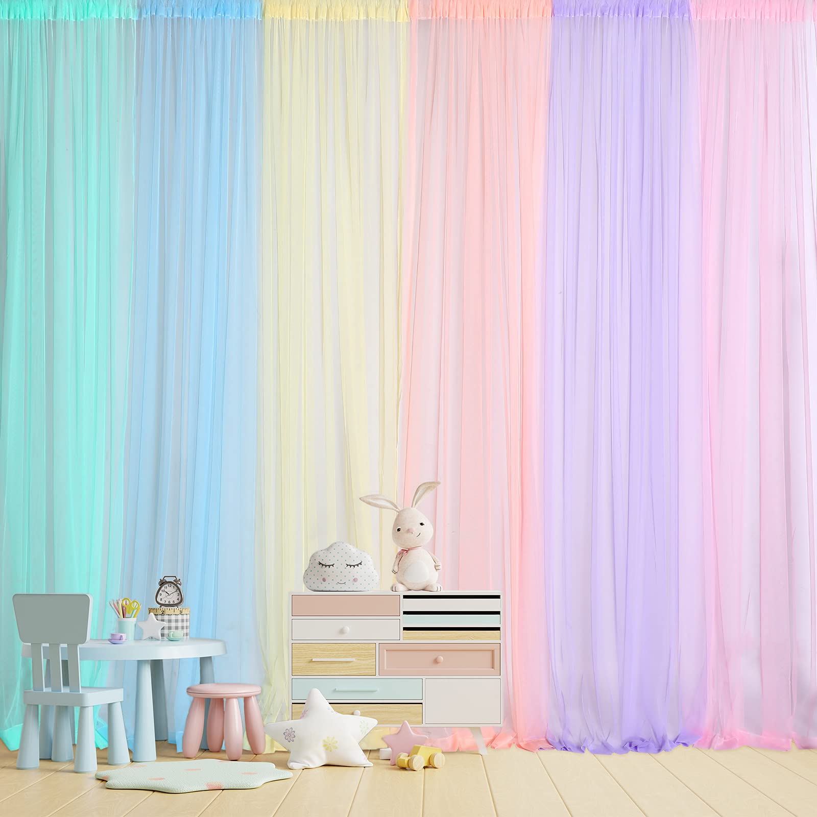 Tatuo pastel rainbow backdrop curtain six-panel setup for colorful party photos