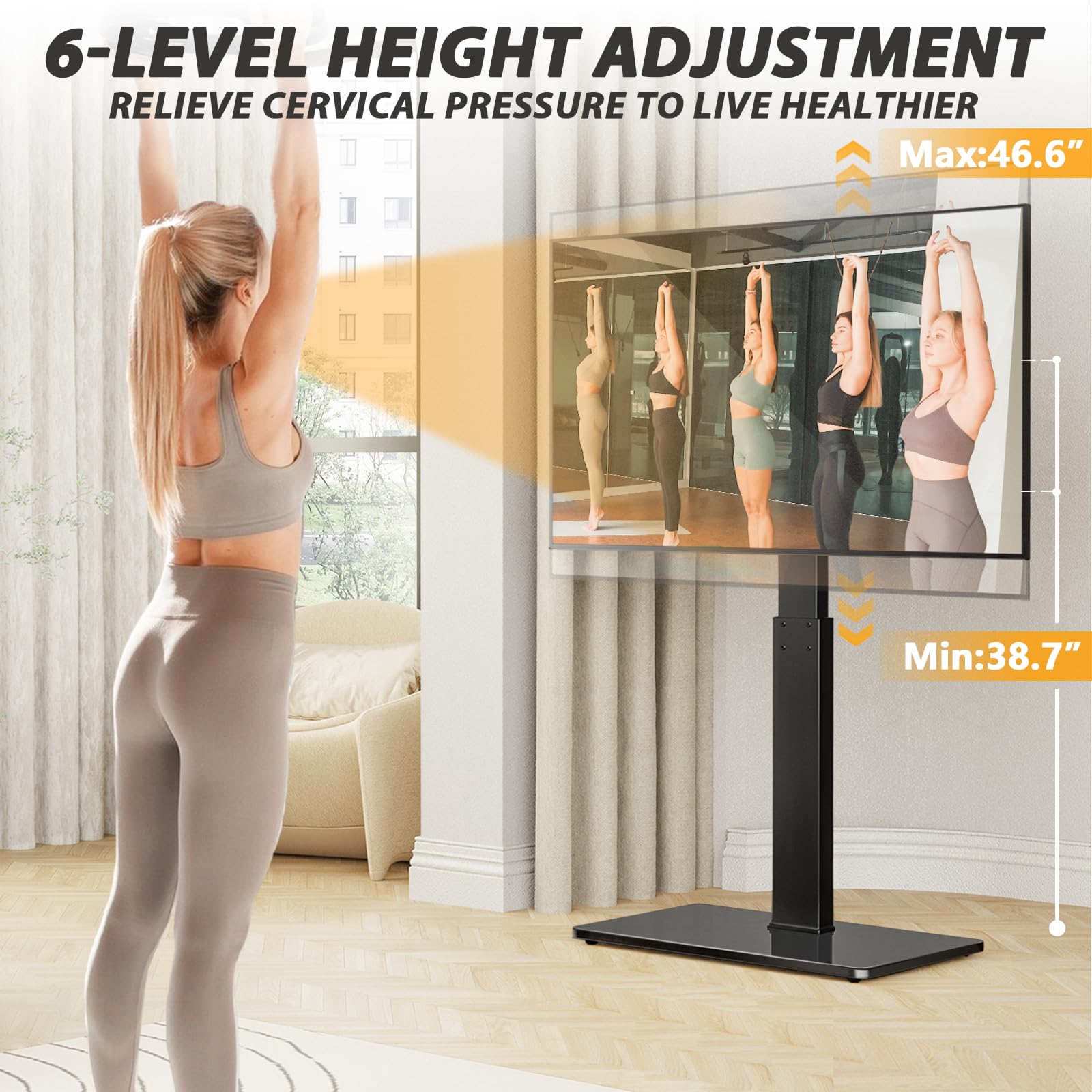 TAVR floor TV stand height adjustment ranges 46 to 56 inches for ideal eye level.