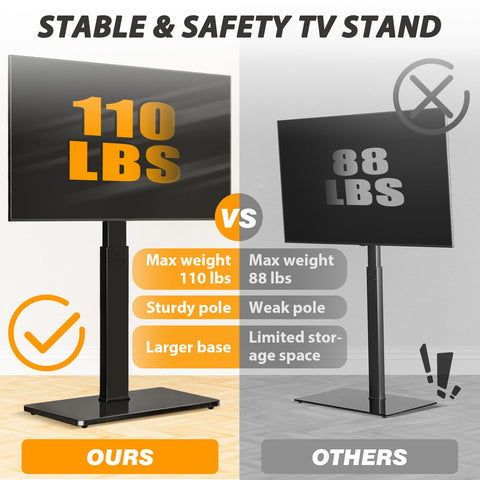 TAVR floor TV stand swivels 30 degrees for optimal viewing from multiple seats.