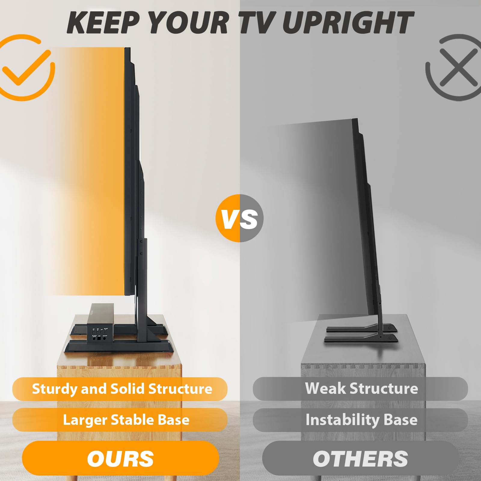 TAVR Furniture reinforced triangular-support design provides stable support for larger TVs.