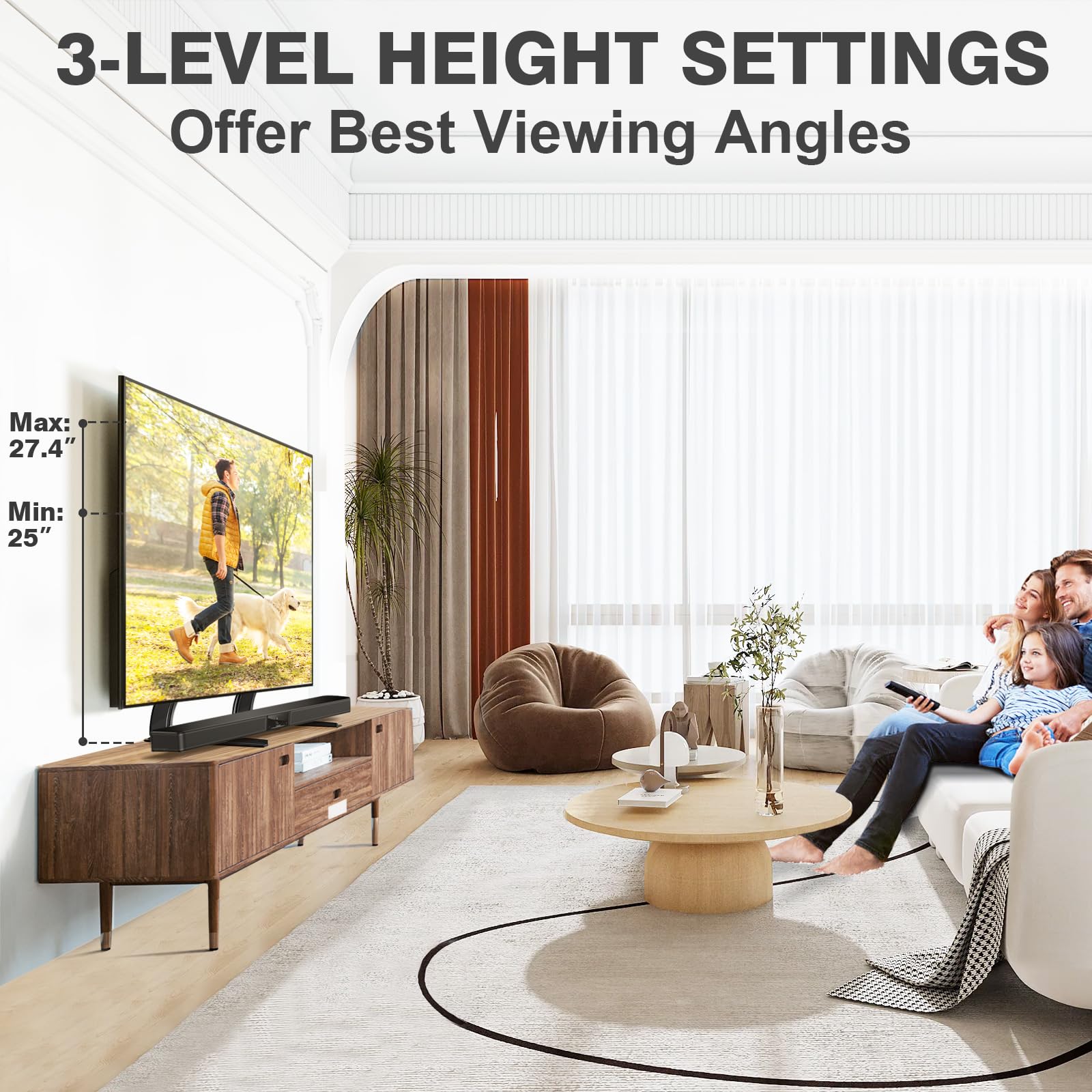 TAVR Height-Adjustable TV Stand shows adjustable height for comfortable viewing.