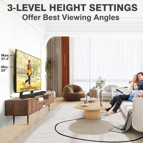 TAVR Height-Adjustable TV Stand shows adjustable height for comfortable viewing.