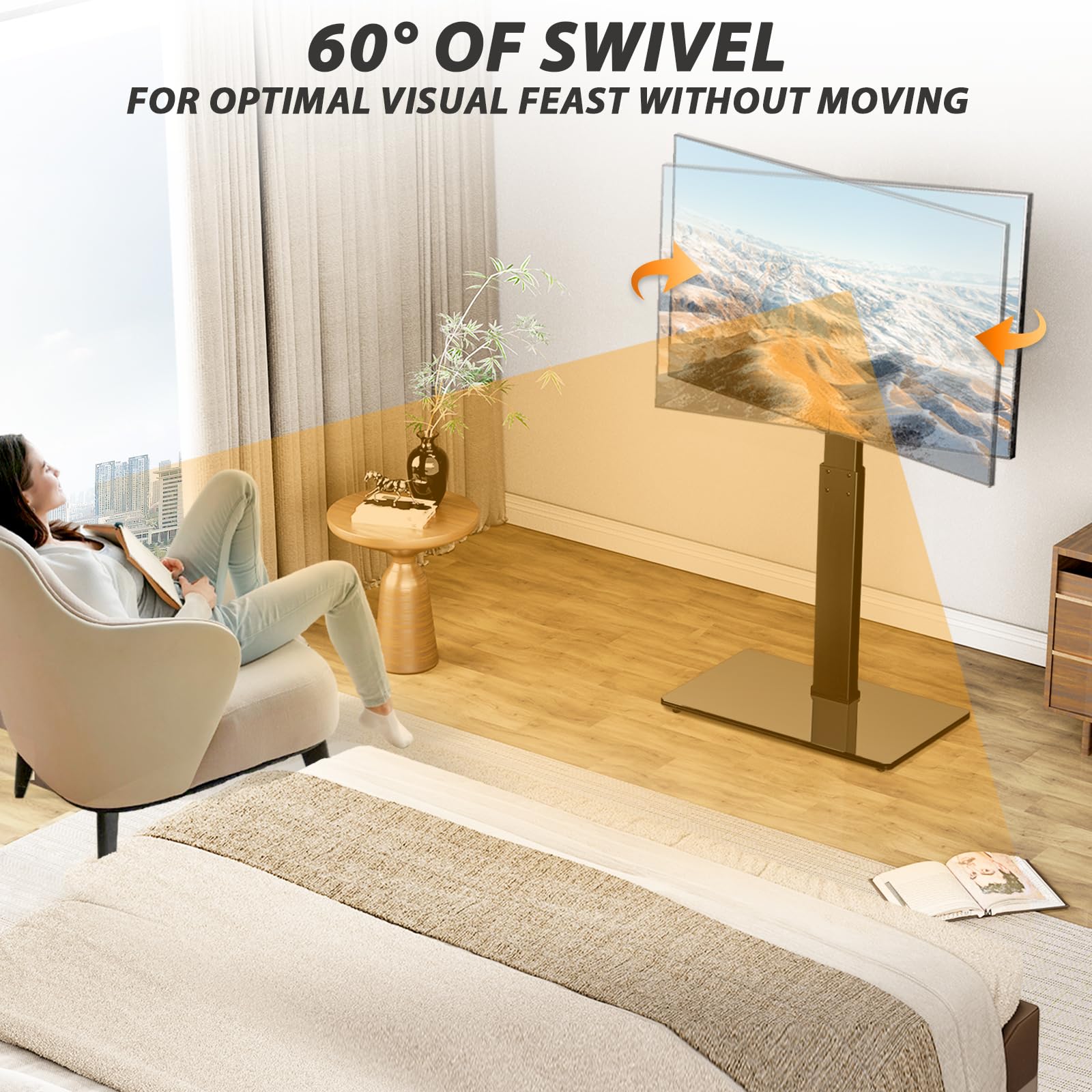 TAVR tempered glass base stores media devices behind the TV securely.