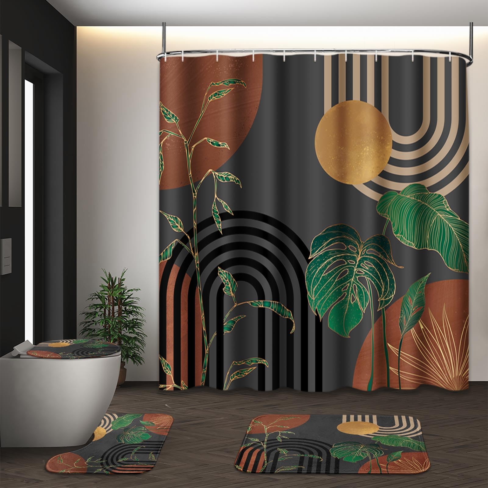 Tayney Brown boho mid-century shower curtain with abstract retro pattern to boost bathroom style.