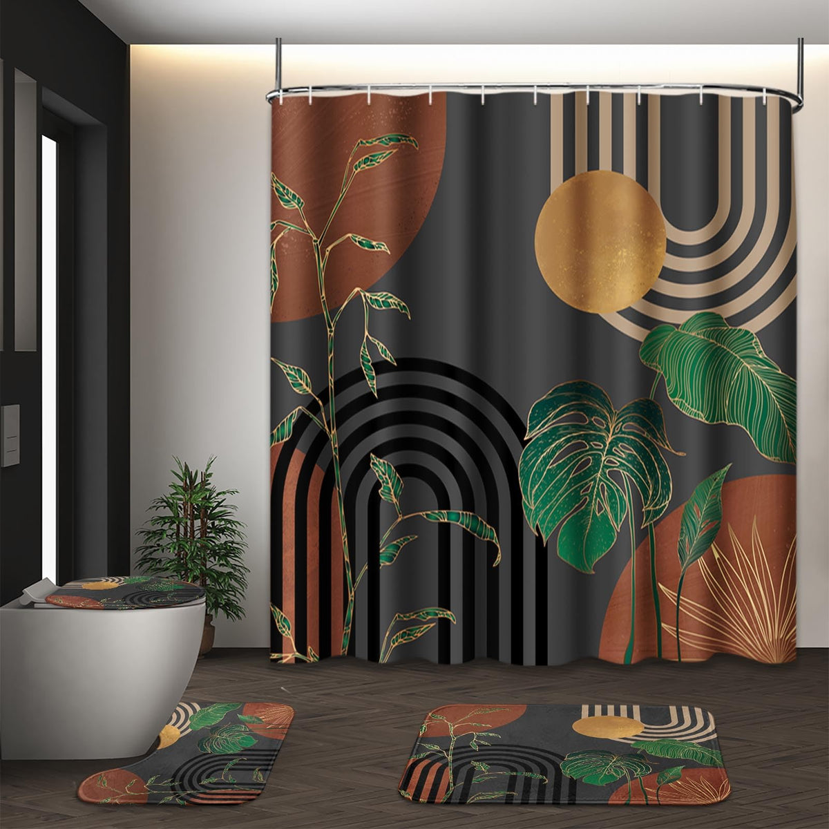 Tayney Brown boho mid-century shower curtain with abstract retro pattern to boost bathroom style.