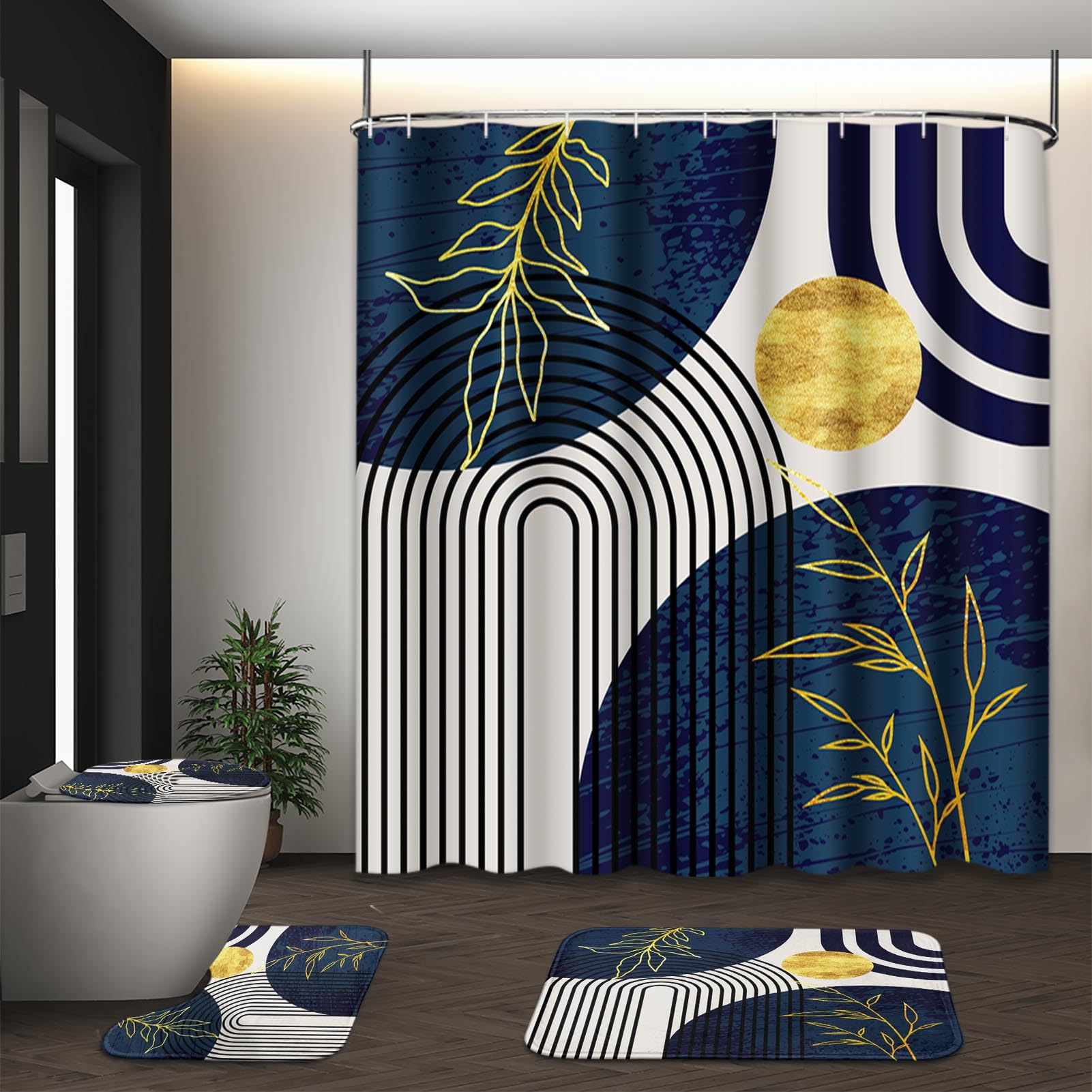 Tayney dark blue and gold boho curtain adds vibrant color and pattern to any bathroom
