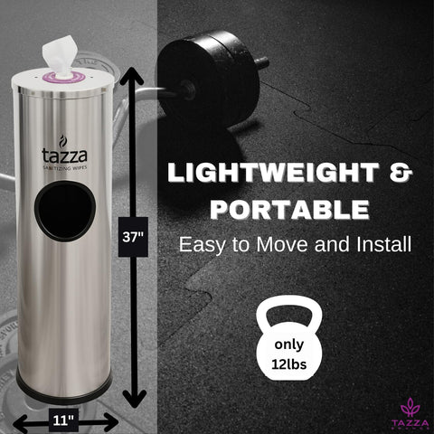 Tazza built-in trash can keeps workout areas tidy and ready for disposal.