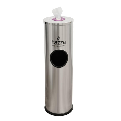 Tazza gym wipe dispenser with stainless steel stand for busy fitness spaces.